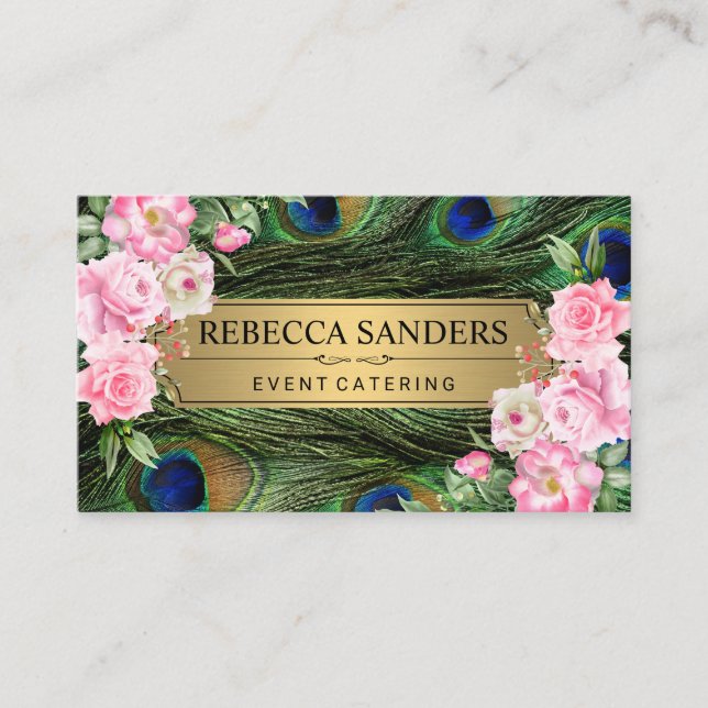 Peacock Feathers | Rosa Flowers Visitkort (Framsida)