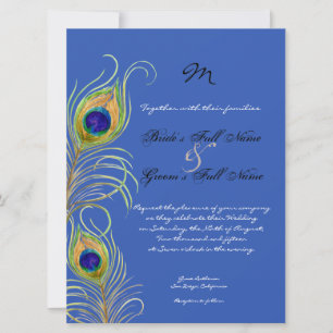 Peacock Feathers Royal Cobalt Blue Bröllopsinbjuda Inbjudningar