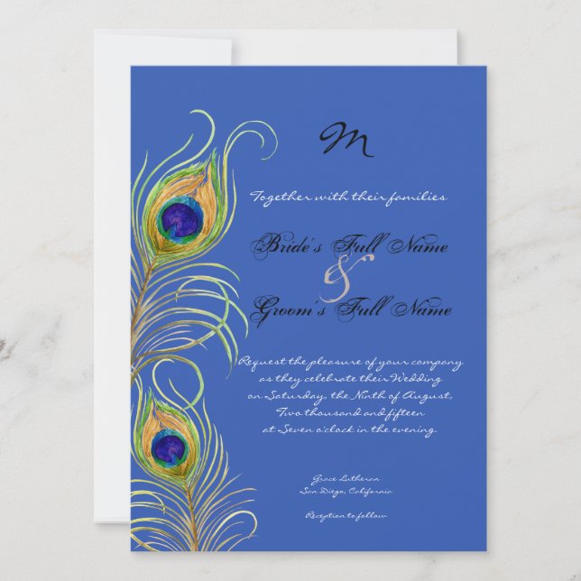 Peacock Feathers Royal Cobalt Blue Bröllopsinbjuda Inbjudningar (Framsida)