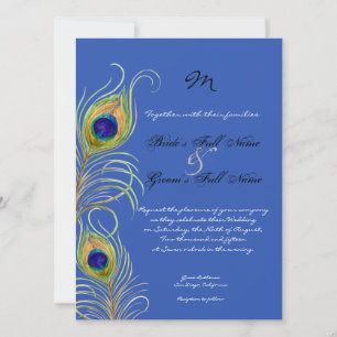 Peacock Feathers Royal Cobalt Blue Bröllopsinbjuda Inbjudningar