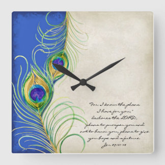 Peacock Feathers Royal Damask Christian Scripture Fyrkantig Klocka