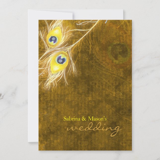 Peacock Feathers Rustic Fall Brown Bröllop Inbjudningar (Framsida)