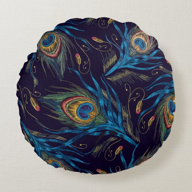 Peacock Feathers Seamless Mönster Rund Kudde (Framsidan)