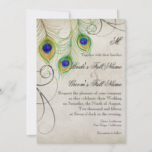Peacock Feathers Silver Damask Wedery Stationery Inbjudningar (Framsida)