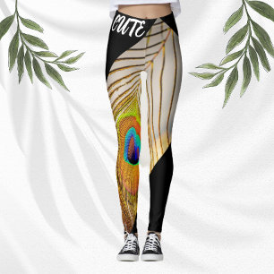 Peacock Feathers Snyggt Black Modern Tan Women Leggings