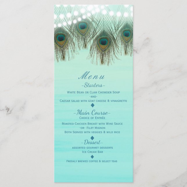 Peacock Feathers & String Ljus Rustic Party Menu Meny (Framsida)