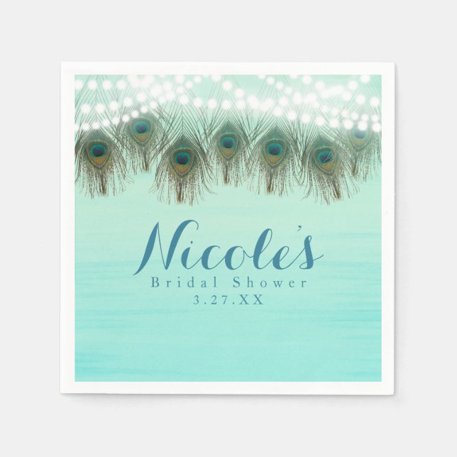 Peacock Feathers & String Ljus Rustic Party Pappersservett (Framsidan)
