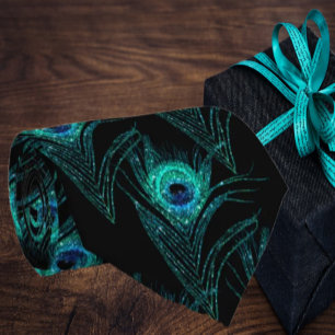 Peacock Feathers Teal Blue Black Neck Tie Necktie Slips