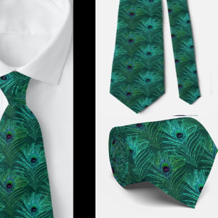 Peacock Feathers Teal Glitter Necktie Nacke Slips