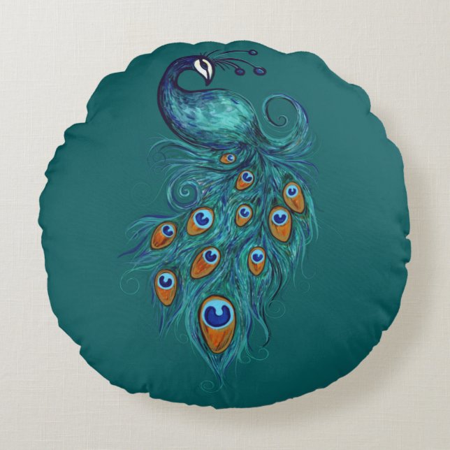 Peacock Feathers Teal Peacocks Rund Kudde (Framsidan)