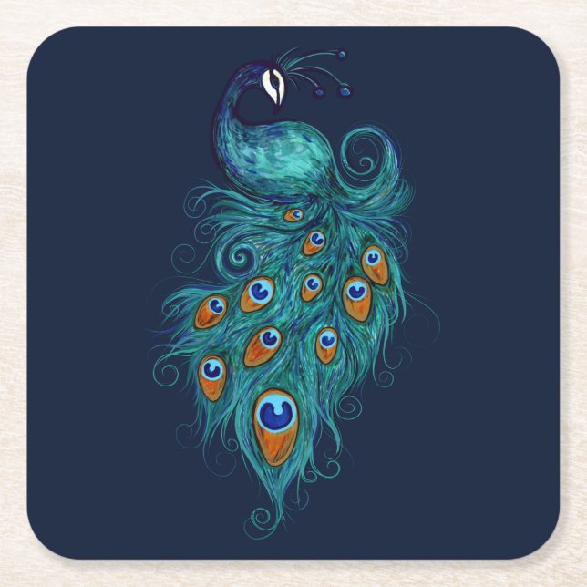 Peacock Feathers Teal Peacocks Underlägg Papper Kvadrat (Framsidan)