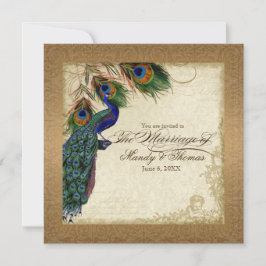 Peacock & Feathers Vintage Guld Se Damask Swirl Inbjudningar