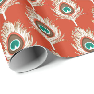 Peacock Feathers, White on Mandarin Orange Presentpapper