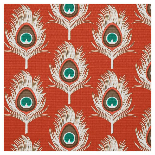 Peacock Feathers, White on Mandarin Orange Tyg (Provkarta)