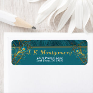 Peacock Feathers with Teal and Guld Returadress Etikett