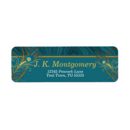 Peacock Feathers with Teal and Guld Returadress Etikett