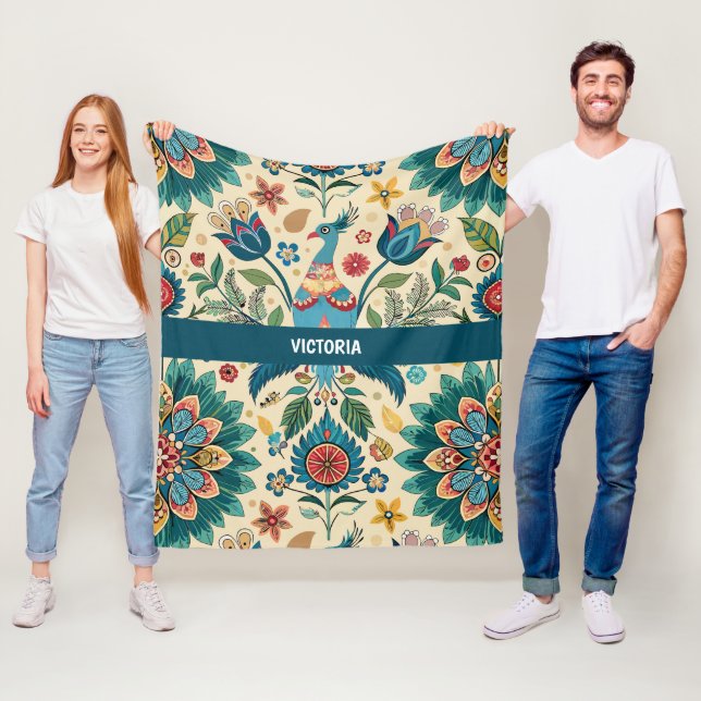 Peacock Fest Blommigt Anpassningsbar Mönster Fleecefilt (På plats)