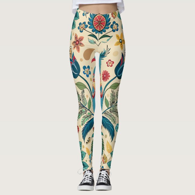 Peacock Fest Blommigt Anpassningsbar Mönster Leggings (Framsida)