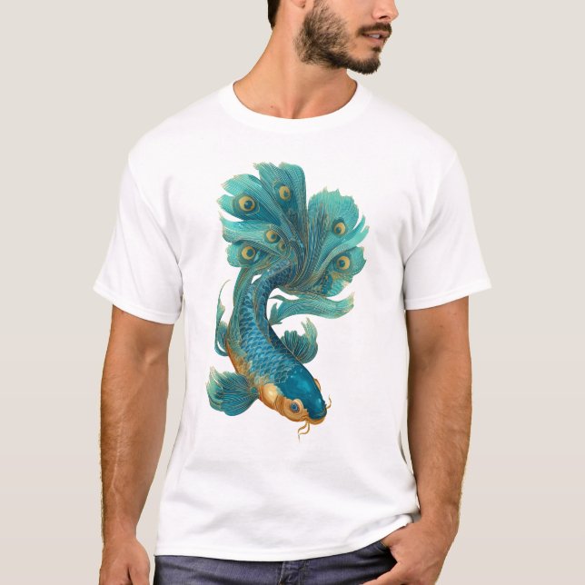 Peacock fin koi turkos och guld t shirt (Framsida)