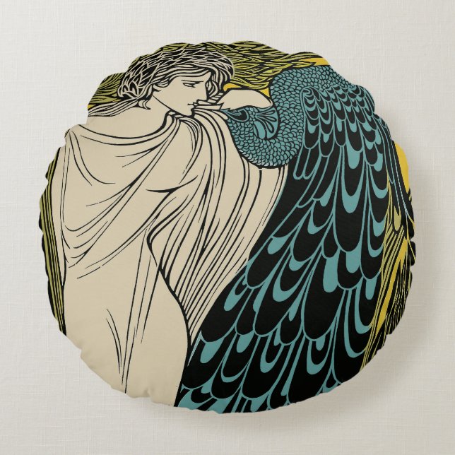 Peacock Fine Art Bird Nouveau Rund Kudde (Framsidan)