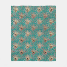 Peacock Fjäder mönster glitter teal guld elegant Fleecefilt