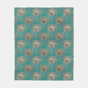 Peacock Fjäder mönster glitter teal guld elegant Fleecefilt