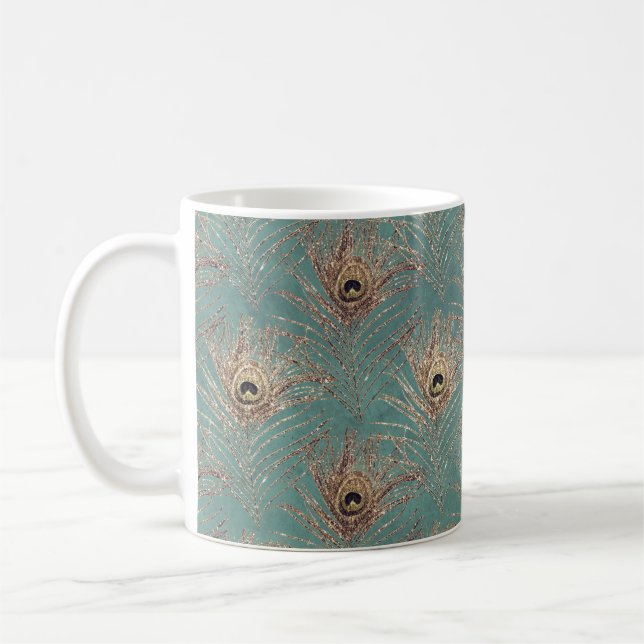 Peacock Fjäder mönster glitter teal guld elegant Kaffemugg (Vänster)
