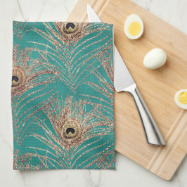 Peacock Fjäder mönster glitter teal guld elegant Kökshandduk