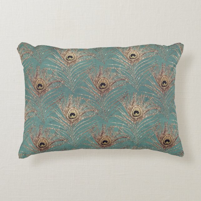 Peacock Fjäder vintage mönster teal guld elegant Prydnadskudde (Framsidan)
