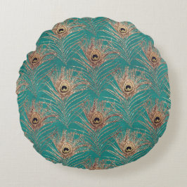 Peacock Fjäder vintage mönster teal guld elegant Rund Kudde