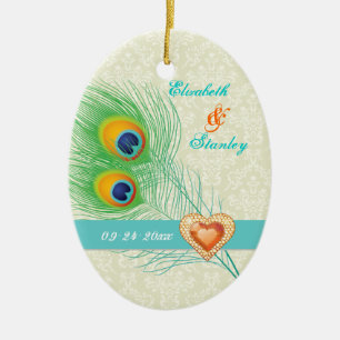 Peacock Fjäderjuvelhjärta bröllop spara datum Julgransprydnad Keramik