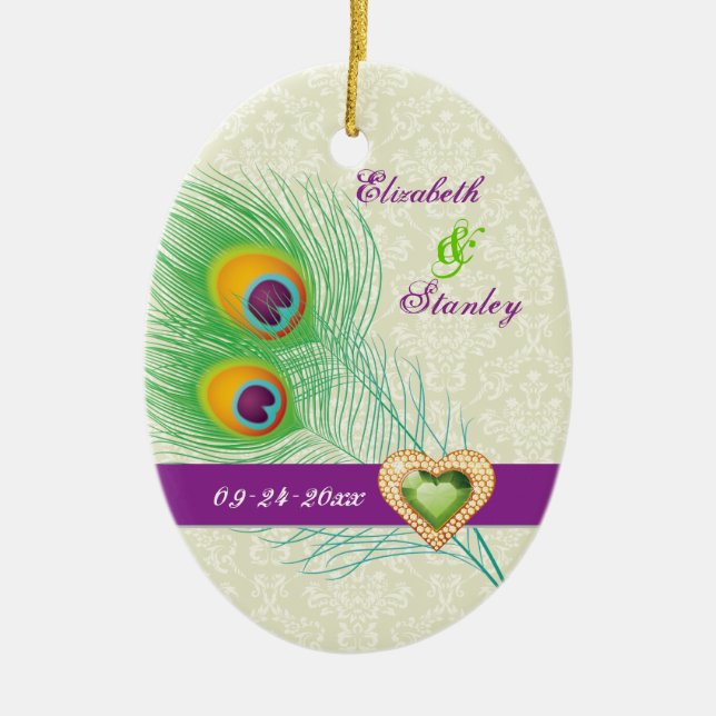 Peacock Fjäderjuvelhjärta bröllop spara datum Julgransprydnad Keramik (Framsidan)