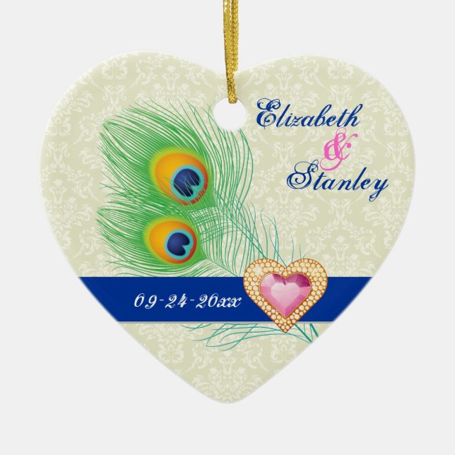 Peacock Fjäderjuvelhjärta bröllop spara datum Julgransprydnad Keramik (Framsidan)