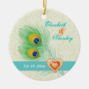 Peacock Fjäderjuvelhjärta bröllop spara datum Julgransprydnad Keramik