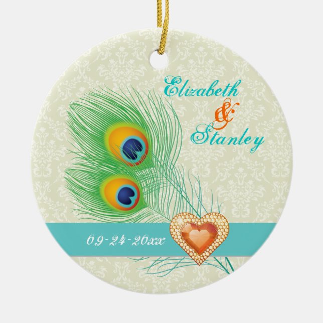 Peacock Fjäderjuvelhjärta bröllop spara datum Julgransprydnad Keramik (Framsidan)