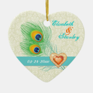 Peacock Fjäderjuvelhjärta bröllop spara datum Julgransprydnad Keramik