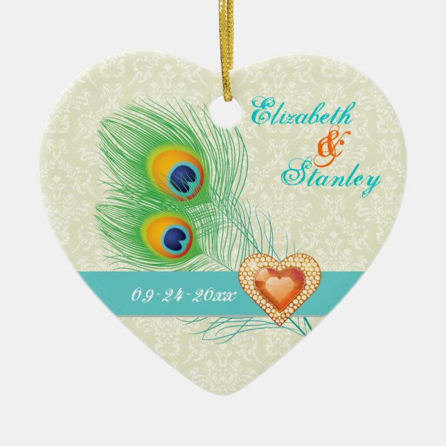 Peacock Fjäderjuvelhjärta bröllop spara datum Julgransprydnad Keramik (Framsidan)