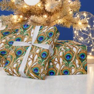 Peacock-fjädrar iridscent lyxury guld sömlös presentpapper