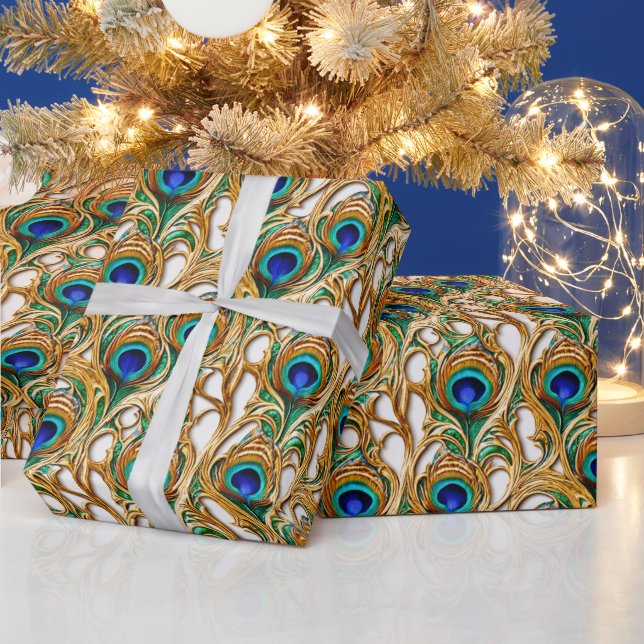 Peacock-fjädrar iridscent lyxury guld sömlös presentpapper (Helgdagar)