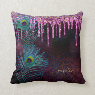 Peacock Fjädrar Lila Glitter Drift Monogram Namn Kudde