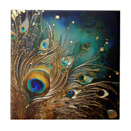Peacock-fjädrar, pärlprickar faux foil guld vägg kakelplatta