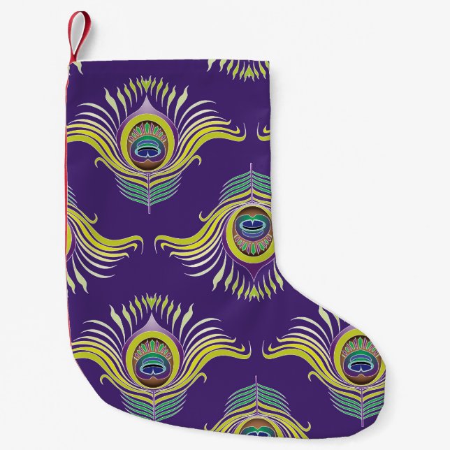 Peacock-fjädrar: vintagens sömlösa bakgrund. liten julstrumpa (Framsidan)