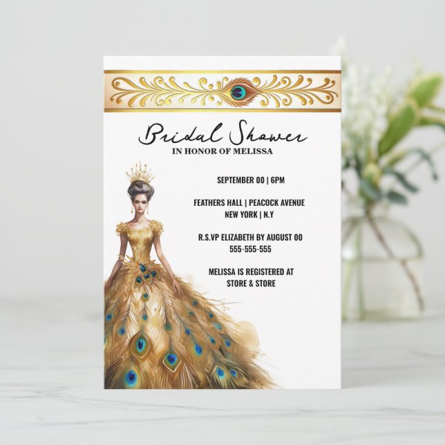 Peacock Fjäther bröllop dress möhippa Inbjudningar (Stående Fram)