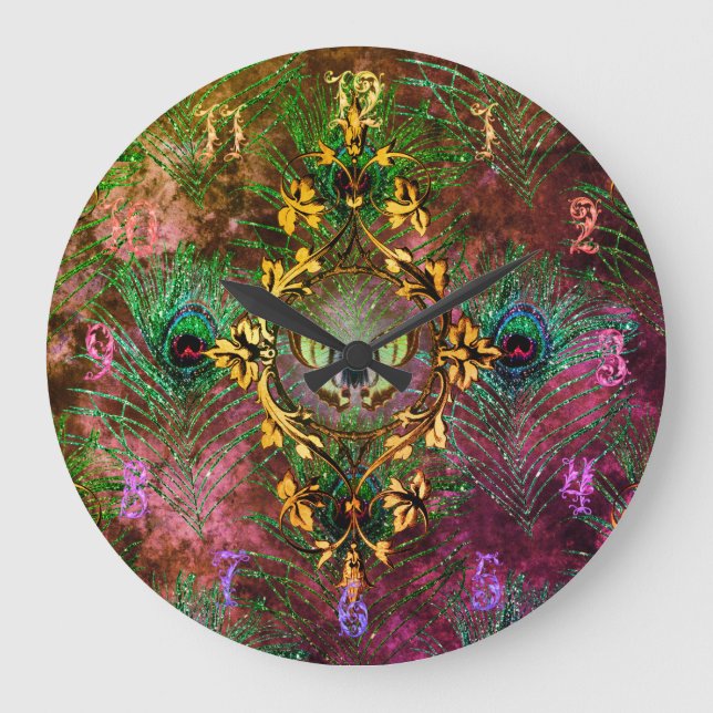 Peacock fjäther butterfly victorian elegant lila stor klocka (Framsida)