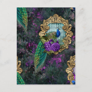 Peacock, Flowers och Guld Ram Vykort