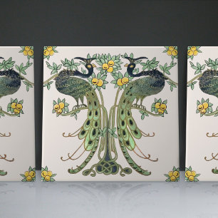 Peacock & Fruit Design by Mabel C. Dibble Art Deco Kakelplatta