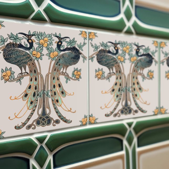 Peacock & Fruit Design by Mabel C. Dibble Art Deco Kakelplatta (Skapare uppladdad)