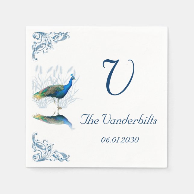 Peacock Garden in Blue and White Bröllop Pappersservett (Framsidan)