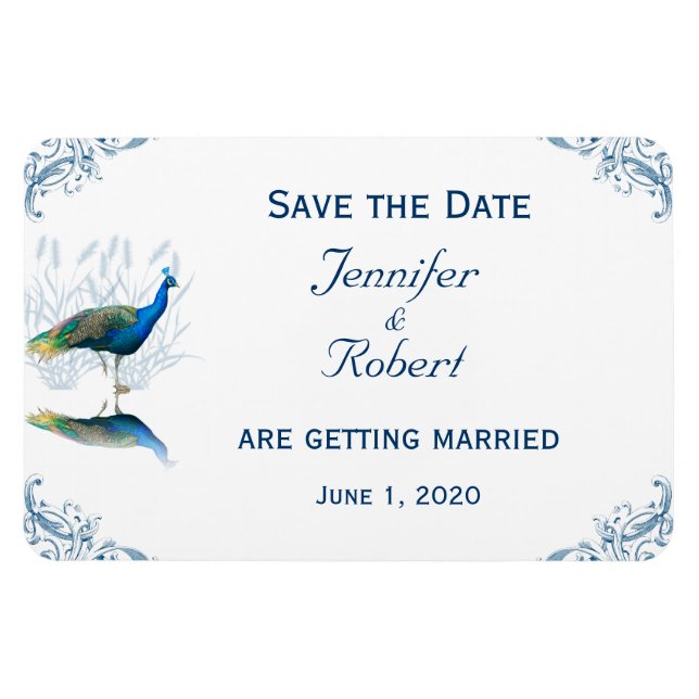 Peacock Garden in Blue and White Save Date Magnet (Horisontell)