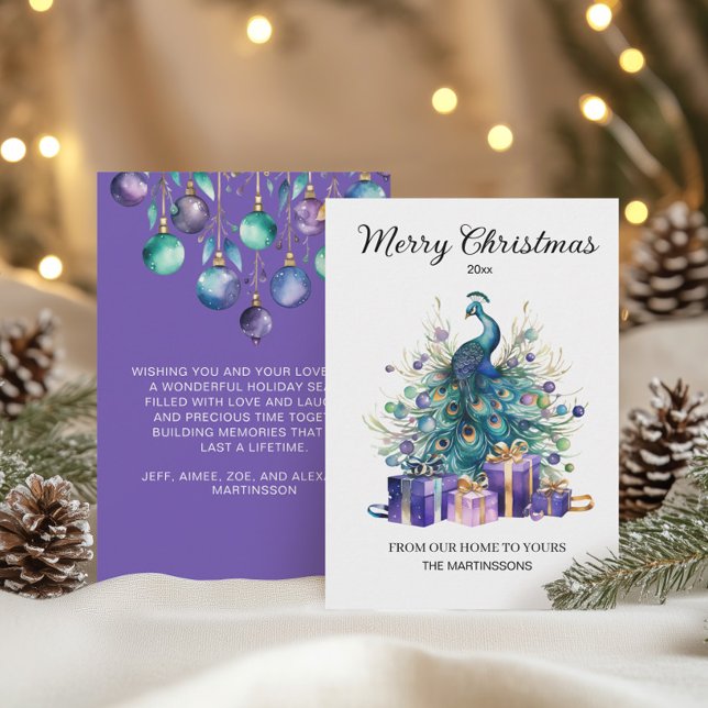 Peacock God jul Lila Blue Teal Julkort (Peacock Christmas greeting card)